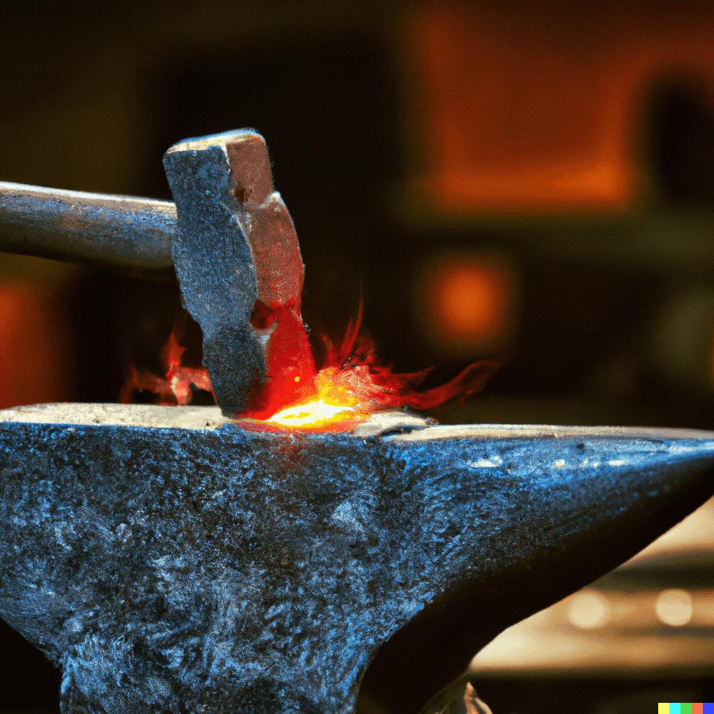 Satire photo of hammer, anvil, and molten metal – far beyond my DIY garage woodworking.