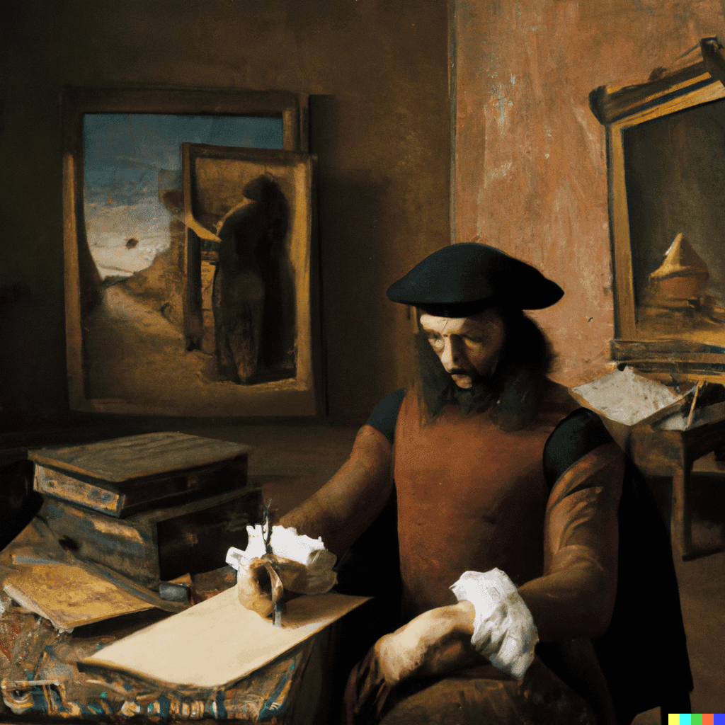 A satire image generated by OpenAI's Dalle-2, showing a renaissance style man writing in a journal.